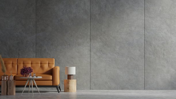 皮沙发和木桌在客厅内部，植物，混凝土墙。图片下载