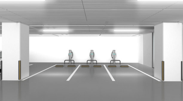 停车场3d插图。电动汽车充电区。图片下载