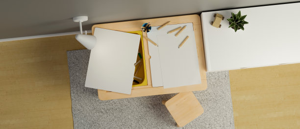 儿童房与学习桌和彩色铅笔，俯视图，3D渲染图片下载