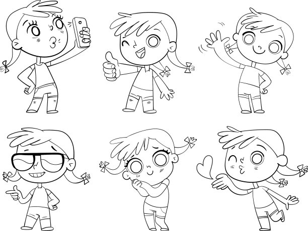 可爱的女孩用不同的情感涂色书图片下载