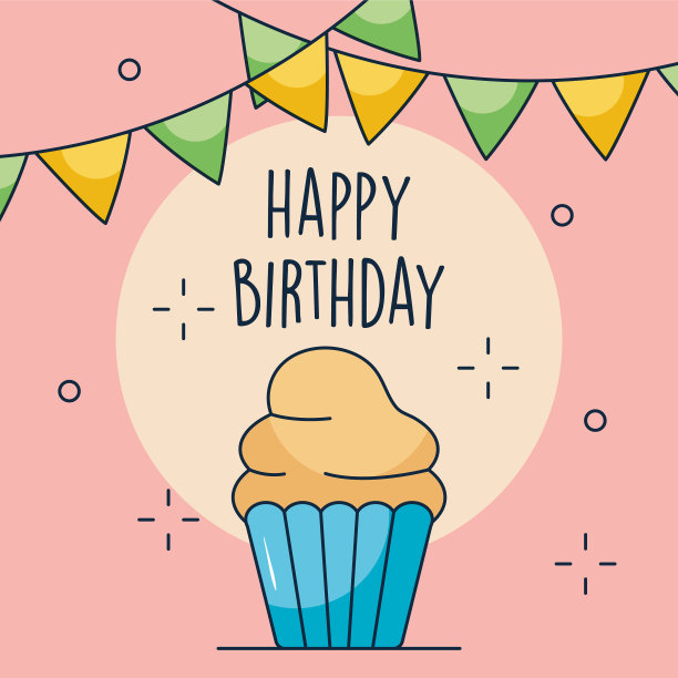 生日快乐设计，纸杯蛋糕和三角旗图片下载
