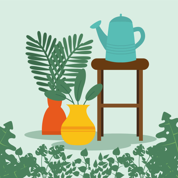 植物和喷壶在桌子上设计图片下载