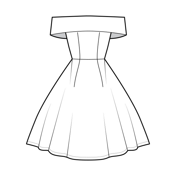 穿着露肩Bardot技术时尚插图无袖，合身的身体，及膝长圆形裙子图片下载