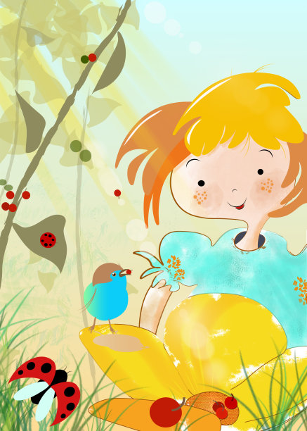 珍贵时刻:野生红浆果和瓢虫迷惑了一个女孩和一只小鸟。图片下载