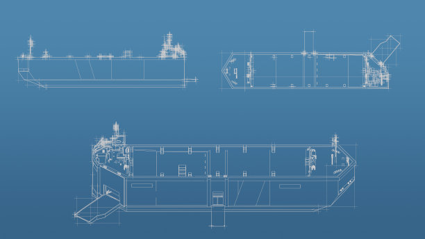 船的三维蓝图网格模型在蓝色的背景。前视图正投影和透视自由式渲染，3d渲染图片下载