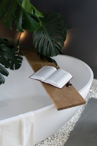 白色浴缸上方木制书架上的书图片下载