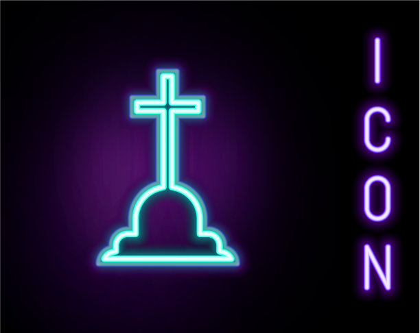 发光的霓虹线墓碑与十字图标图片下载