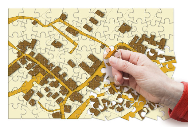 虚构地籍地图的领土与建筑物，道路和土地地块-土地登记概念在拼图形状-注意:地图背景是完全虚构的，不代表任何真实的地方图片下载