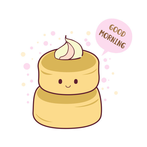日本松饼配鲜奶油，早上好，卡哇伊风格，矢量插图图片下载