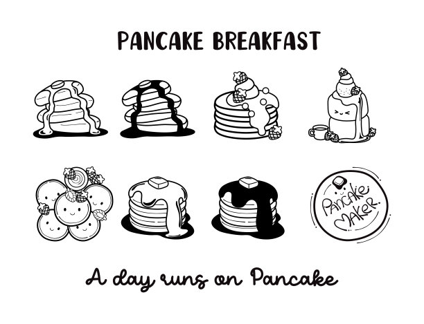 不同风格的煎饼早餐，黑色和白色，可爱的食物风格，可爱的早餐，矢量插图图片下载