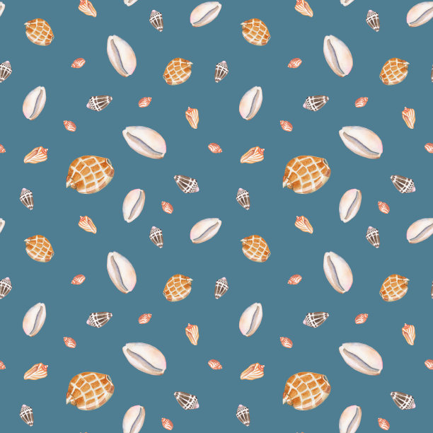 复古海贝无缝图案的方形瓷砖上的蓝色背景。夏日海滩印花家居装饰纺织品或墙纸。花砖水彩模式与贝壳。夏天包装纸图片下载