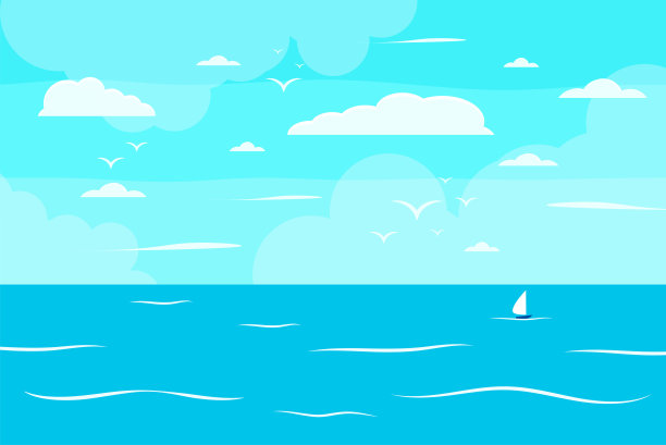 卡通夏日海滩，海滨自然度假，热带海滩，海滨风景背景矢量插图图片下载