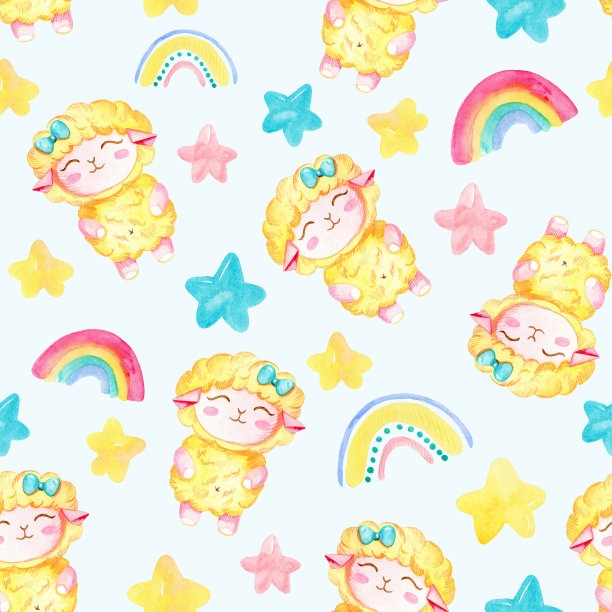 水彩无缝儿童图案与仙子羊云朵彩虹星星。可爱的卡通背景的孩子。图片下载