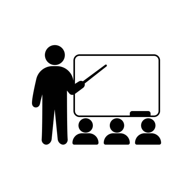 教学固体黑色图标-教师与学生。教练在观众面前讲话。参加业务培训、研讨会或会议。适用于:插图，logo，设计，web, dev, ui, ux。向量EPS 10图片下载
