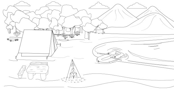 在湖边、河边露营，为山景着色。用于涂色书、海报、网页设计。帐篷，营火，充气船在森林和山脉的背景图片下载