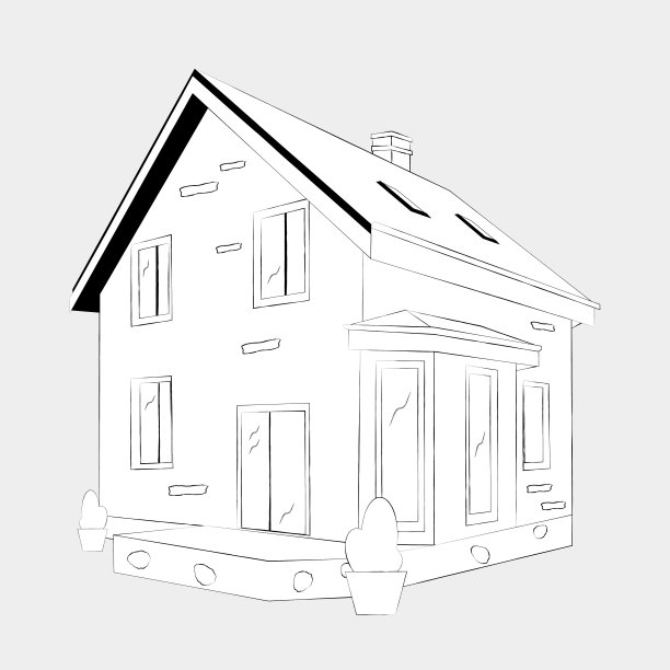 房子的直线铅笔素描。白色的农舍式房子的剪影。孤立。向量图片下载