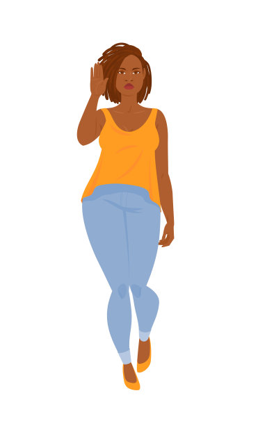 的情绪。美丽的曲线美的黑人妇女在休闲服装与雷鬼辫，全长。图片下载