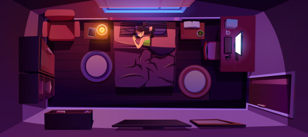 年轻女子睡在床上晚上房间俯视图图片下载