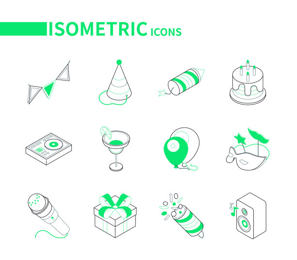 生日聚会庆祝-现代线等距图标图片下载