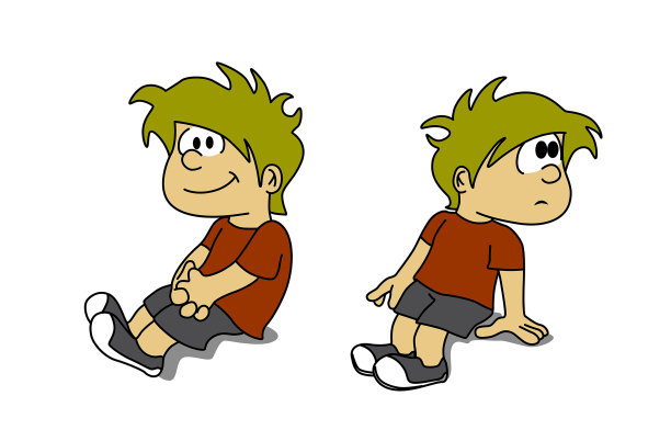 可爱的孤立男孩，孩子坐在不同的姿势，姿势，微笑着回头看一个白色的背景。卡通人物矢量集插图。图片下载