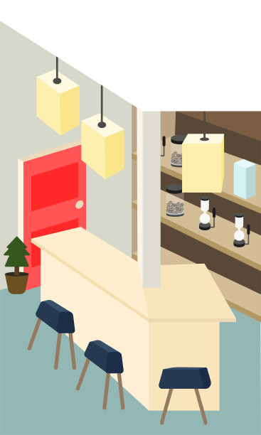 咖啡厅柜台吧。现代平面设计咖啡厅室内矢量插图。图片下载