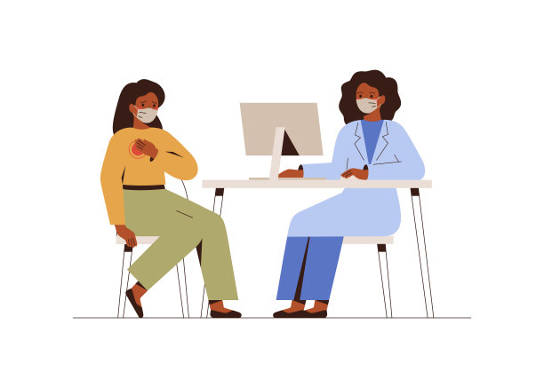 女医生为她的病人治疗乳房疼痛。心脏病专家检查妇女的心脏。戴着防护口罩线下咨询。图片下载