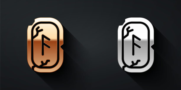 金色和银色魔法符文图标隔离在黑色背景上。长长的阴影风格。向量图片下载