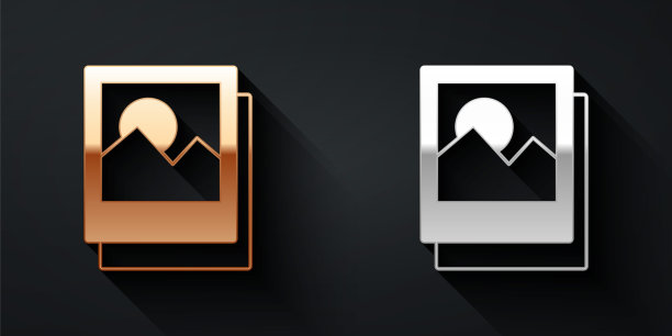 金色和银色照片图标孤立在黑色背景。长长的阴影风格。向量图片下载