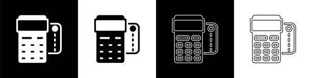 设置插入信用卡和打印收据的黑白背景隔离图标的POS终端。NFC支付的概念。向量图片下载
