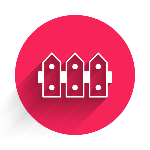 白色花园栅栏木制图标孤立与长影子。红色圆圈按钮。向量图片下载