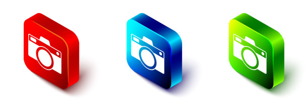 等距摄影相机图标孤立在白色背景。与相机图标。红、蓝、绿方形按钮。向量图片下载