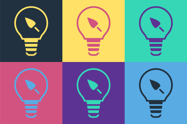 波普艺术灯泡与叶子图标孤立的颜色背景。生态能源的概念。替代能源的概念。向量图片下载
