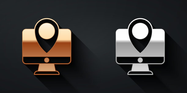 金色和银色电脑显示器和折叠地图与位置标记图标孤立在黑色背景。长长的阴影风格。向量图片下载