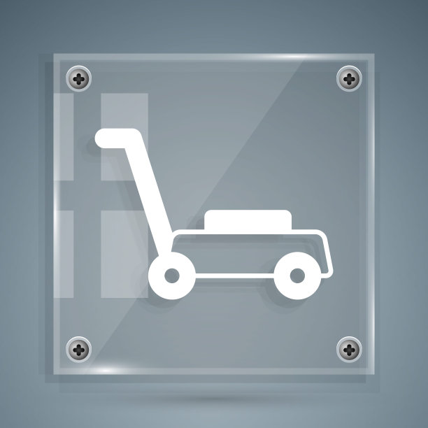 白色割草机图标孤立在灰色背景。割草机正在割草。方形玻璃面板。向量图片下载
