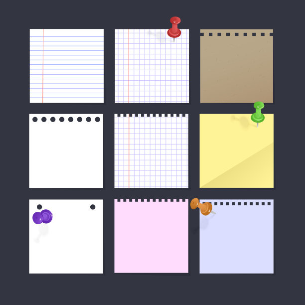 一套孤立的现实的空白纸海报模型，笔记，粘性，彩色横幅和灰色的背景纸。矢量格式图片下载