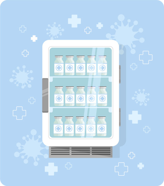 可爱的医疗疫苗冰箱。以蓝十字病毒为背景的医院冰箱架子上的病毒疫苗瓶。医学诊所设备，保健，防病毒理念。平面向量插图。图片下载