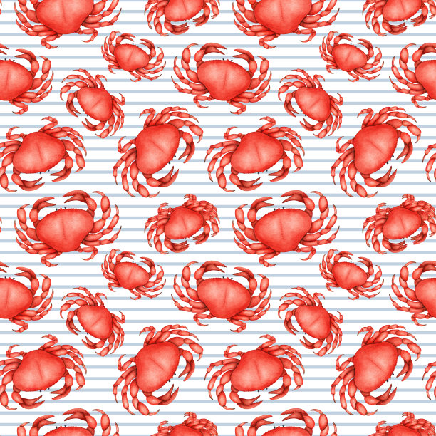 水彩红蟹无缝图案。海洋生物。海洋水下甲壳类动物，野生动物。夏天美味的海鲜。手绘海洋背景设计图片下载