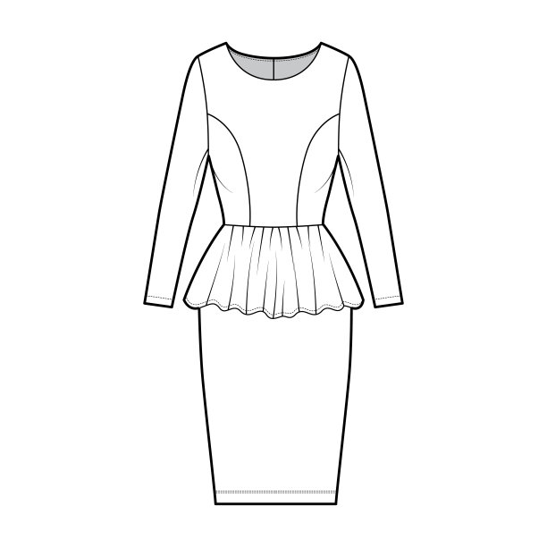 长袖、紧身、及膝的紧身裙，圆领。平图片下载