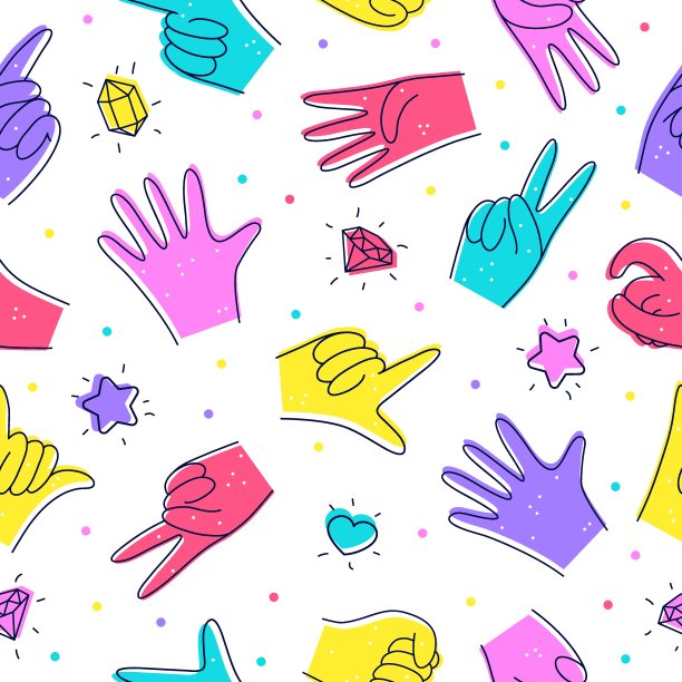 无缝模式与不同的手。涂鸦风格的插图。手的指定，手势孤立在白色。平面设计。手绘时尚矢量插图图片下载