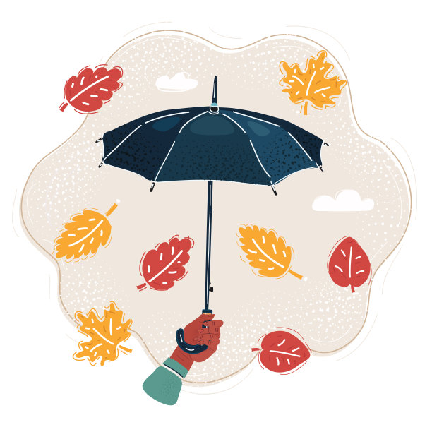 矢量插图的手与伞和飘落的叶子周围。图片下载