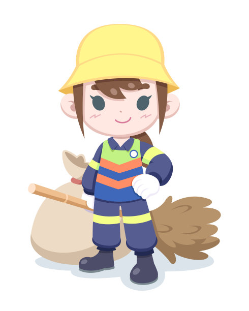 街道清洁工女孩卡通插图图片下载