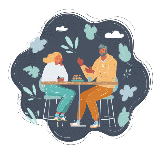 矢量插图的朋友坐在桌旁的咖啡馆在黑暗的背景。图片下载
