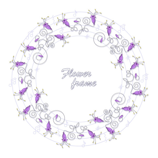 音乐钟。风铃草属植物。向量花框架，边框。紫色风铃，音乐音符。图片下载