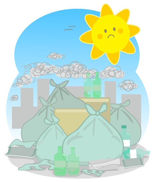 悲伤的卡通太阳笼罩着污染的城市图片下载