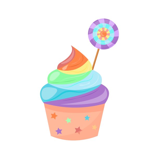 彩虹纸杯蛋糕与彩色棒棒糖孤立在白色背景。甜的甜点。矢量图图片下载