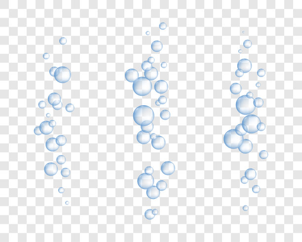 蓝色气泡流收集。透明背景上的矿泉水或香槟气泡。图片下载