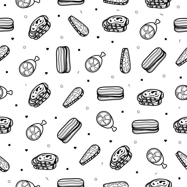 抽象涂鸦无缝图案，手绘肉贩食品元素。矢量设计风格的背景插图图标图片下载