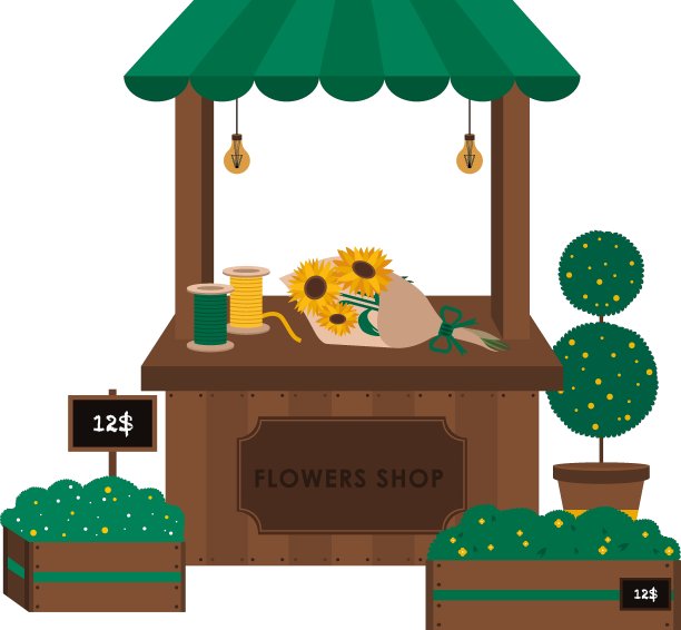 花店平面插图。小商店与鲜花花束图片下载