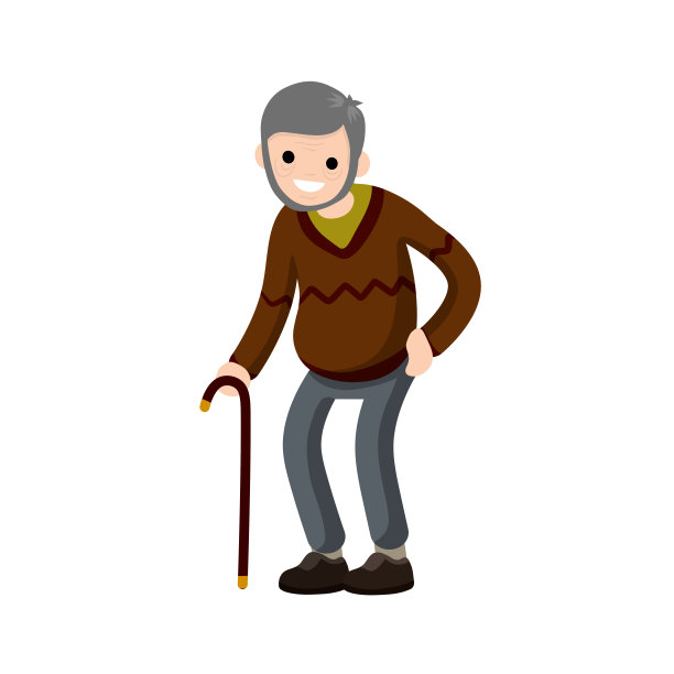 拄着手杖的滑稽老头。祖父的老年和积极的生活方式。卡通平面插图。图片下载