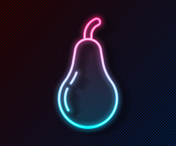 发光氖气线梨图标孤立发光氖气线背景。水果与叶子的象征。向量图片下载